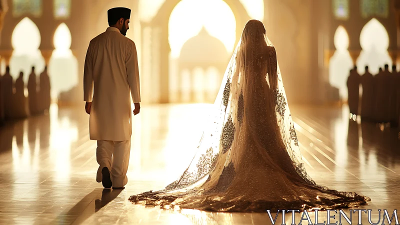Gilded vows drifting through sunlit mosque shadows.