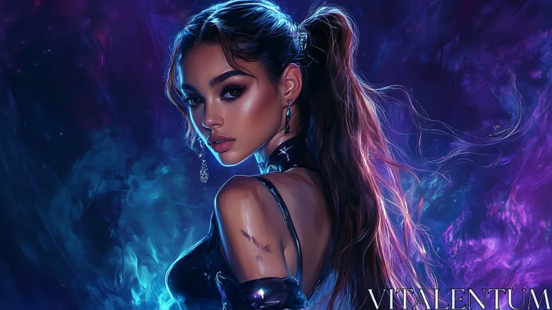 Futuristic woman in glowing cosmic atmosphere portrait.