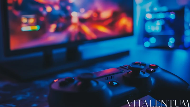 Game controller close-up under neon gaming setup glow.