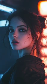 Cyberpunk portrait with neon rim lighting and soft focus depth.