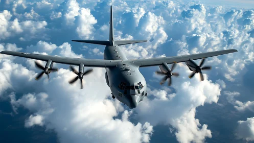 Military cargo plane cuts through sunlit clouds in flight