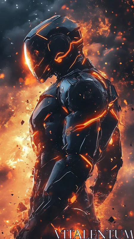 Flaming armored cyborg hero glows boldly in swirling sparks