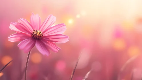 Pink cosmos flower blooming against luminous bokeh backdrop.