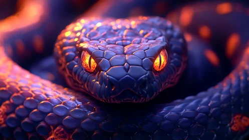 Ember-eyed serpent coiled in neon dusk luminescence.