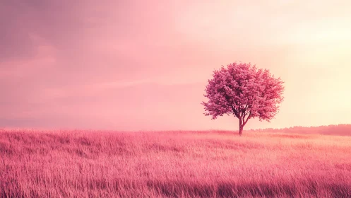 Solitary pink tree rises above pastel grass plain