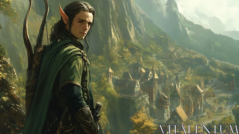 Elf ranger overlooking a detailed fantasy mountain city.