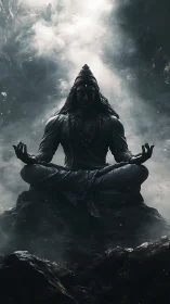 Mountain-breath yogi statue seated inside storm-born silence.