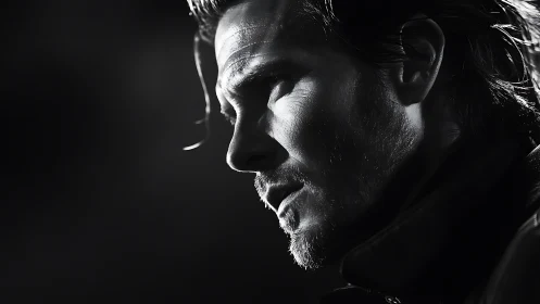Monochrome male profile in dramatic side lighting portrait.