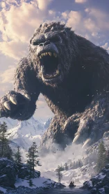 Colossal ice-clad gorilla storms misty alpine canyon.