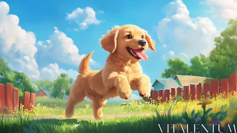 Kinetic golden puppy in sunlit rural yard, motion captured.