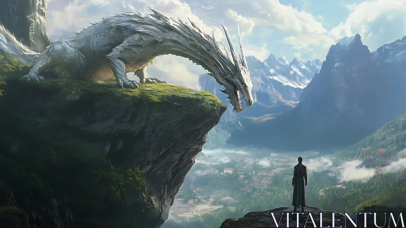 Clifftop dragon confrontation above alpine valley panorama.