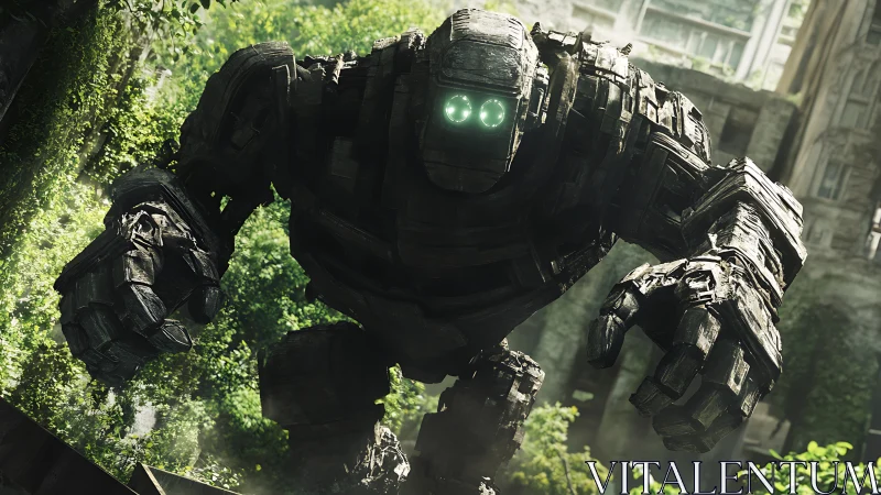 Giant stone robot advancing through overgrown ruins scene.