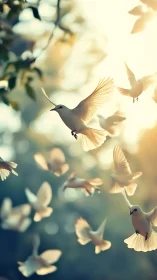 Sunlit white doves ascend through soft bokeh atmosphere