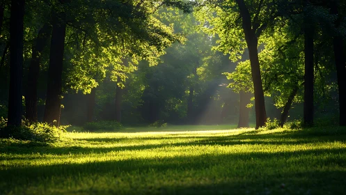 Sunlit Forest Clearing with Lush Greenery in Early Morning Light.