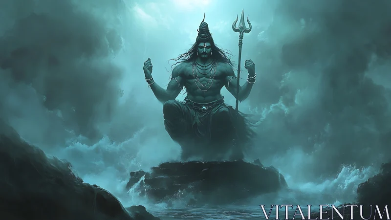 Storm-lit deity meditates upon ocean rock in teal mist