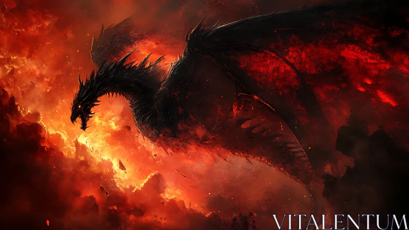 Dark winged dragon silhouette in red fiery atmosphere.