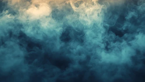 Ethereal blue and gold smoke clouds in a dreamy abstract style.