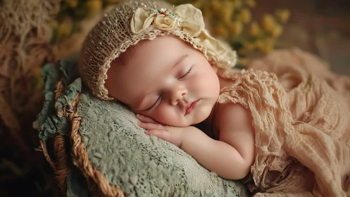 Sleeping Newborn in Cream Bonnet and Lace Wraps.