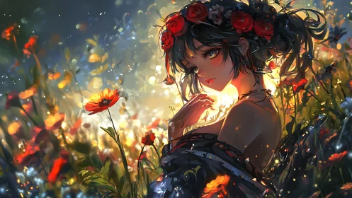 Sunlit flower-crowned maiden amid glowing wild meadow.