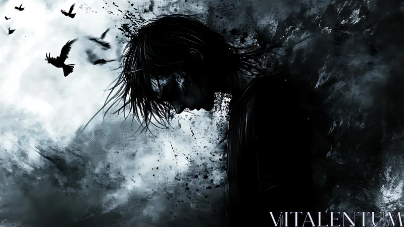 Silhouetted figure stands in dark abstract splatter field