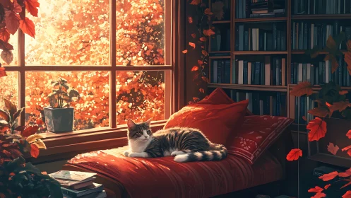 Cat resting on bed in autumn-lit interior space with bookshelf