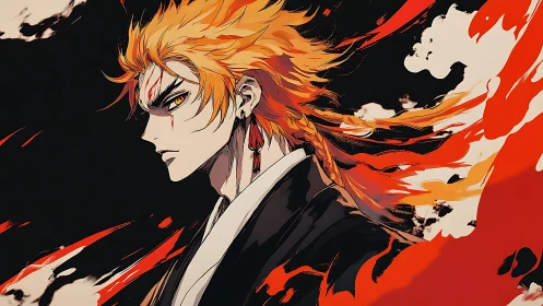 Side profile of anime swordsman amid stylized flame trails
