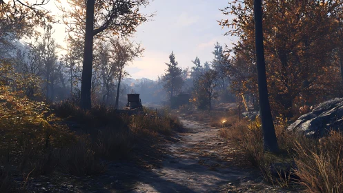 Volumetric-lit forest trail with autumn foliage in soft backlight