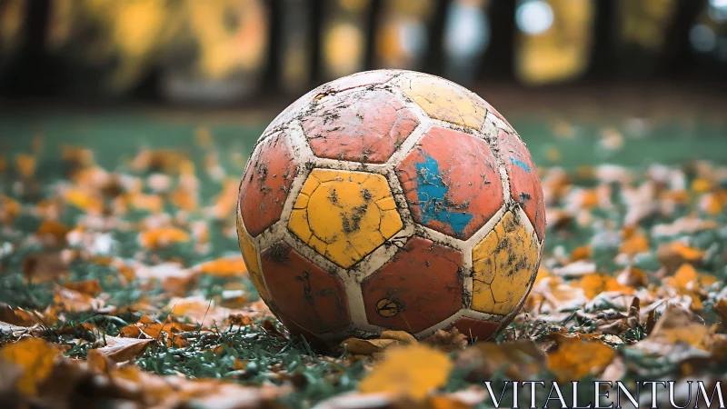 Weathered autumn soccer ball resting on a leafy field.
