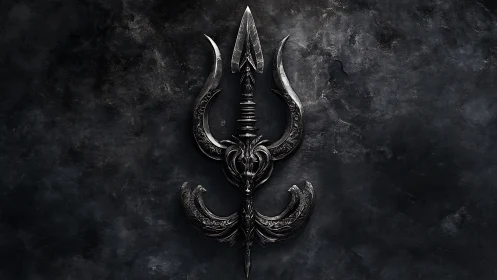 Dark metal trident emblem with ornate engraved blades.