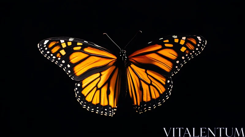 Monarch butterfly with open wings on black background.