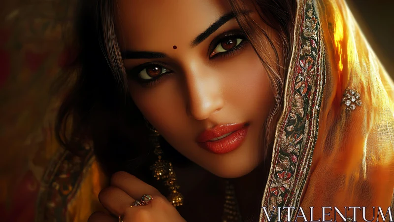 Woman in ornate yellow veil gazes directly at camera