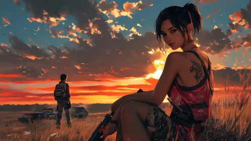 Sunset warriors resting together in a quiet golden field.