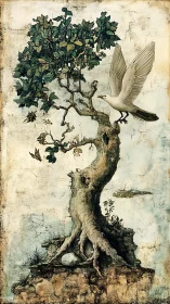 Gnarled tree and white bird rendered in detailed classical study