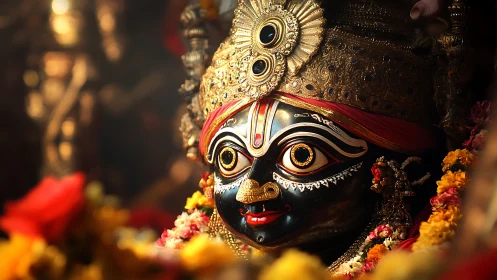 Glowing deity mask gazes out amid garlands and golden light