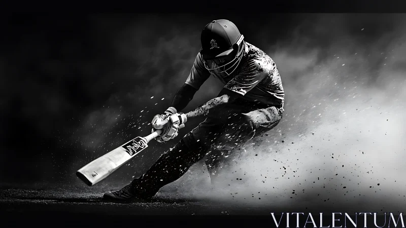 Dynamic cricket batsman sliding through smoky impact zone.