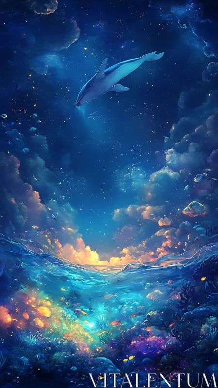 Dolphin above glowing reef under starry twilight sea.