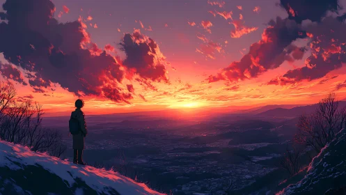 Solitary figure observing panoramic city at incandescent sunset