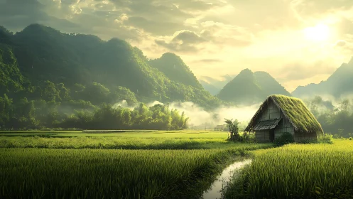 Digital landscape of misted rice fields and thatched hut panorama.