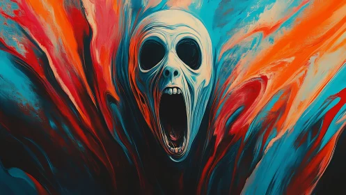 Electric howl of color around a haunting open-mouthed skull.