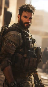 Weathered soldier in golden light and quiet determination.