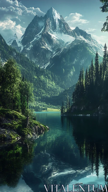 Glacial alpine peak mirrored in calm high-altitude lake surface