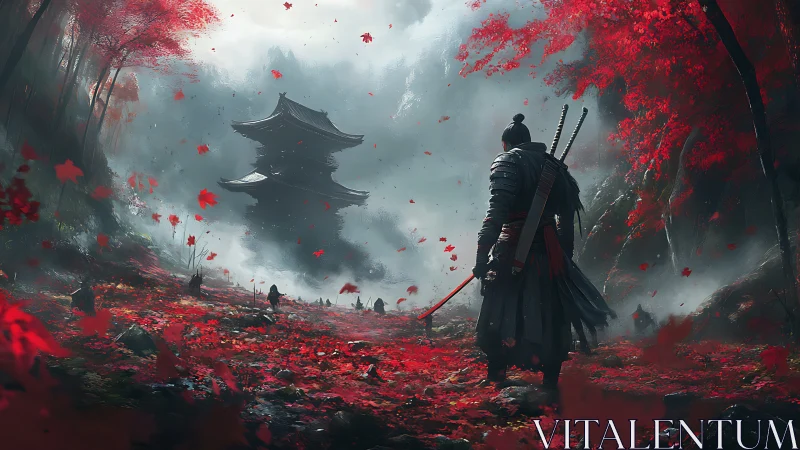 Lone samurai confronts a floating temple in scarlet forest.