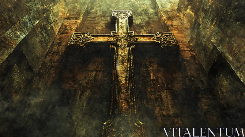 Golden cross rising through shadowed stone and quiet light.