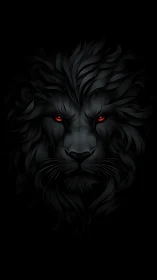 Midnight black lion portrait with glowing crimson eyes.