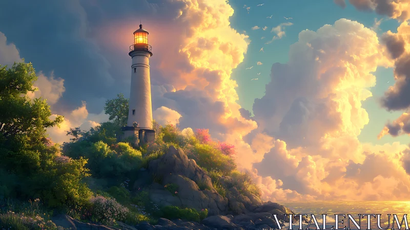 Lighthouse on Cliff at Golden Hour with Clouds
