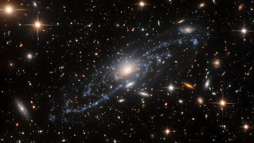 Spiral galaxy captured among dense background field of galaxies
