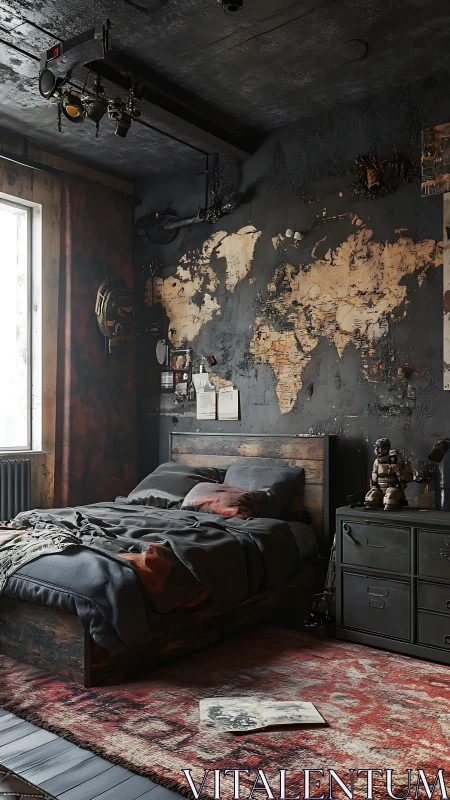 Industrial loft bedroom glows with moody traveler ambiance