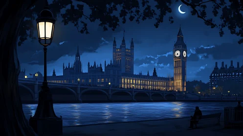 Moonlit Westminster skyline shimmers above the calm Thames