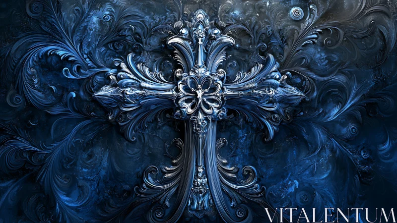 Baroque metallic cross emerges from swirling blue fractal field