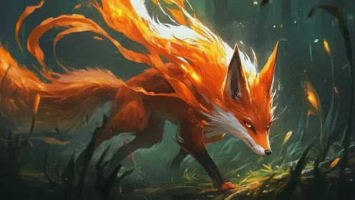 Fiery orange fox with flame-like fur in dense forest scene.
